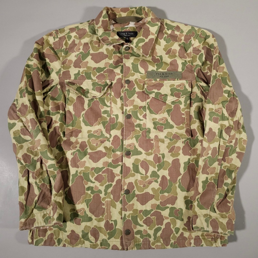 Rag & Bone Flight Shirt Jacket Mens XL Green Camo Frog Skin Herringbone Cotton